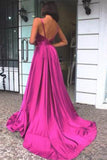 Simple A Line Spaghetti Straps V Neck Satin Backless Prom Dresses, Party STI20443