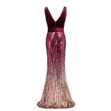 Sexy Sequins Mermaid V Neck Burgundy Velvet Long Prom Dresses Backless Evening Dress STI15352