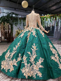 Ball Gown Long Sleeve Satin Beads Prom Dresses, Quinceanera Dresses with Appliques STI15059