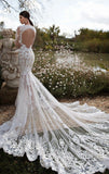 Vintage Long Sleeve Lace Open Back Floor-Length Mermaid Tulle White Wedding Dresses