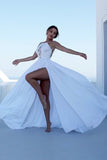 White Backless Long Prom Dress Split Spaghetti Strap Party P3DT8JG8