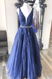 A-Line V Neck Appliques Floor Length Prom Dresses Tulle Evening STIPG7XXJK9