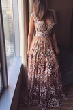 Deep V Neck Lace Applique A-line Prom Dresses, Beads Long Formal Dresses STI15139