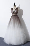 Elegant A Line Long Tulle V Neck Straps Prom Dresses, Lace up Party Dresses STI15147