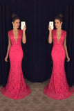 2024 V Neck Short Sleeves Prom Dresses Mermaid Lace PKE77HZ4