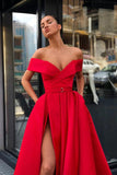 Off the Shoulder Red Satin V Neck Long Prom Dresses, High Slit Party Dresses with Pockets STI15271