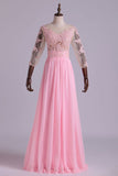 2024 Mid-Length Sleeve A-Line Scoop Chiffon Prom Dresses Floor-Length With Applique & PN9R76LN