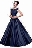 Elegant A-Line Applique Round Neck Lace Satin Ball Gown Evening PF19Q8AM