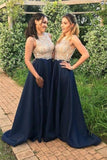 Modest Navy Long A-Line Beading A-Line Prom Dresses PNYNMLEH