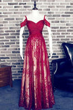 Red A-Line Sweetheart Burgundy Lace Long Off Shoulder Open Back Prom Dresses