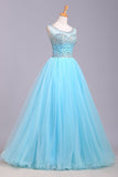 Ball Gown Blue Scoop Sequins Organza Long Prom Dresses Elegant Party Dresses