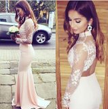 Modest Prom Dress High Neck Lace Pink evening dress Long Open Back Prom Dresses