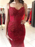 Impressive Red Spaghetti Straps Mermaid With Lace Appliques Prom Dresses