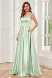 Spaghetti Straps V-neck Soft Satin Bridesmaid Dress