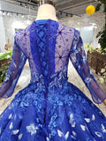 Ball Gown Blue Round Neck Prom Dresses with Beads Lace up Quinceanera Dresses