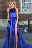 Elegant A-Line Round Neck Royal Blue Satin Open Back Prom Dresses with Split Pockets