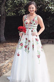 A Line Deep V Neck Ivory Lace Backless Embroidery Party Dresses Printed Prom Dresses