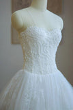 Ball Gown Strapless Lace Appliques A Line Chapel Train Wedding Dress with Beading