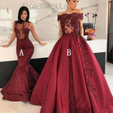 Burgundy Long Affordable Appliques Mermaid Lace Appliques Prom Dresses