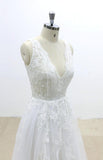 V-Cut shape Back Tulle Lace Appliques A Line Open Back Beach Wedding Dresses