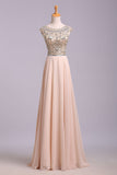 Blush Pink Cap Sleeve Chiffon Beads Round Neck Open Back Long Prom Dresses