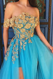 Elegant Off the Shoulder Blue Lace Prom Dresses with Gold Appliques Tulle Party Dresses STI15187