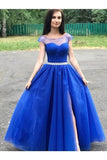 Round Neck Cap Sleeves Prom Dresses Tulle Beading Belt PZ9MA822