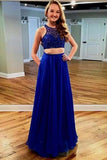 Sparkly 2 Pieces Royal Blue Beading Zipper Back Long Prom Dresses PLPG2FAF