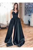 Black Spaghetti Straps Split Long Satin Prom Dress A Line Simple Long Formal STIP5G4JRHJ