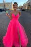 Modest Tulle V Neck Spaghetti Straps Pink Long Prom Dresses with STI20428