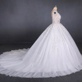 Princess Ball Gown Sheer Neck White Wedding Dresses Lace Appliqued Bridal Dresses STI15293