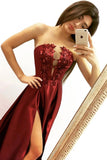 Elegant A line Strapless V Neck Burgundy Beads Prom Dresses with Slit, Party STI15640