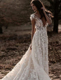 A Line Ivory V Neck Country Wedding Dresses with Appliques, Beach Wedding Gowns STI15548