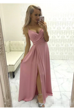 Simple Satin Evening Gown Spaghetti Straps Prom Dress With Pleats And High STIPMRMS38T