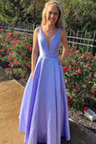 A Line Lavender V Neck Long Prom Dresses with Pockets, Satin Backless Evening Dresses STI15003