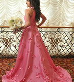 A-line Halter Light Plum Prom Dresses With Handmade Flowers, Open Back Evening Dresses STI15050