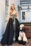 Mermaid V Neck Gold and Black Long Prom Dresses With Appliques, Formal Gowns STI15267