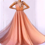 Charming Orange 3D Flowers Long Prom Dresses V-neck Tulle Cheap Evening Dresses STI15120