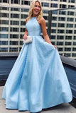 Elegant A Line Satin Jewel Pearls Blue Open Back Prom Evening Dresses With Pockets STI15151