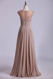 2024 Bateau A-Line Prom Dresses Chiffon With Beads And Applique Floor PL5EGJSG