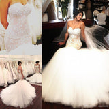 Stunning Mermaid Strapless Sweetheart Tulle Wedding Dresses with Appliques, Wedding Gowns STI15439