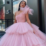 Charming Ball Gown Tulle Pink One Shoulder Long Prom Dresses, Quinceanera Dresses STI15096