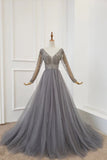 A Line Long Sleeves V Neck Gray Tulle Prom Dresses with Beading, Evening Dress STI15549