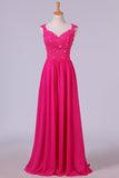 2024 V-Neck A-Line/Princess Prom Dress With Beads & Applique Tulle PB27RGGE