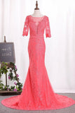 2024 Mermaid Scoop Mid-Length Sleeves Prom Dresses Tulle With Appliques PPE3DRLE