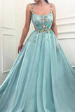 Elegant A Line Spaghetti Straps Tulle Scoop Prom Dresses with Appliques, Formal Dresses STI15512