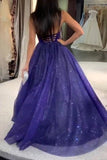 Sparkly Dark Royal Blue Spaghetti Straps V Neck A line Prom Dresses, Formal STI20479