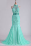 2024 High Neck Mermaid Prom Dresses Beaded Bodice Open Back P29N5PLS