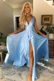 Charming A-Line V-Neck Open Back Light Blue Prom Dress P45928TE