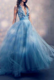 Sexy A Line Deep V Neck Tulle Prom Dresses with Sequins, Long Formal Dresses STI15326